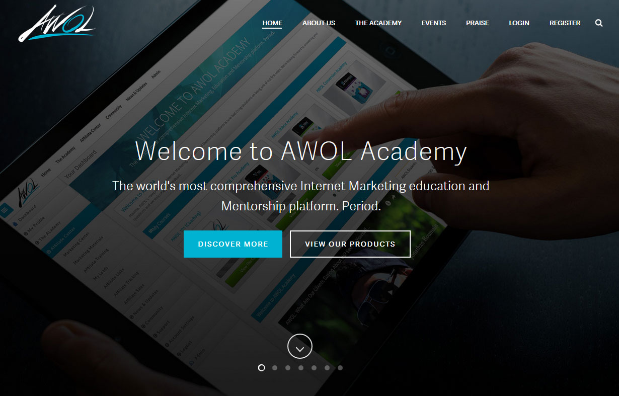 Screenshot of the AWOL Academy homepage