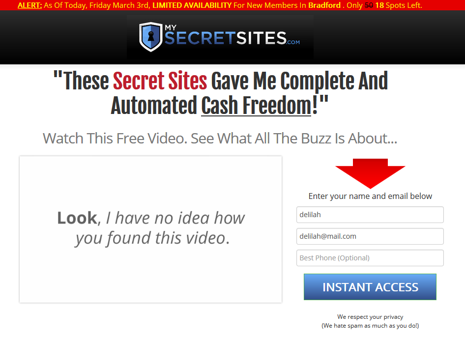 My Secret Sites System Homepage Screenshot