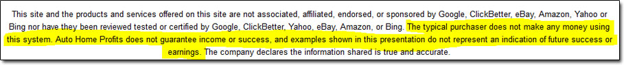 Auto Home Profits Disclaimer