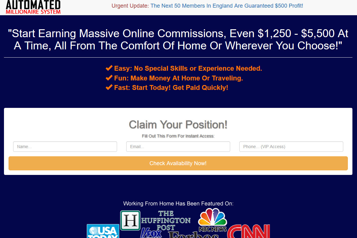 Screenshot of The Automated Millionaire System Homepage