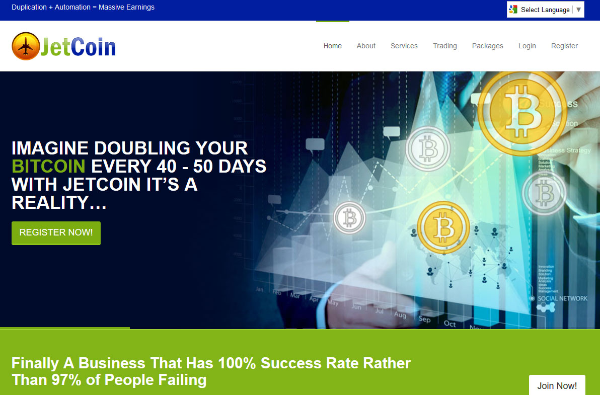 Screenshot of the JetCoin homepage