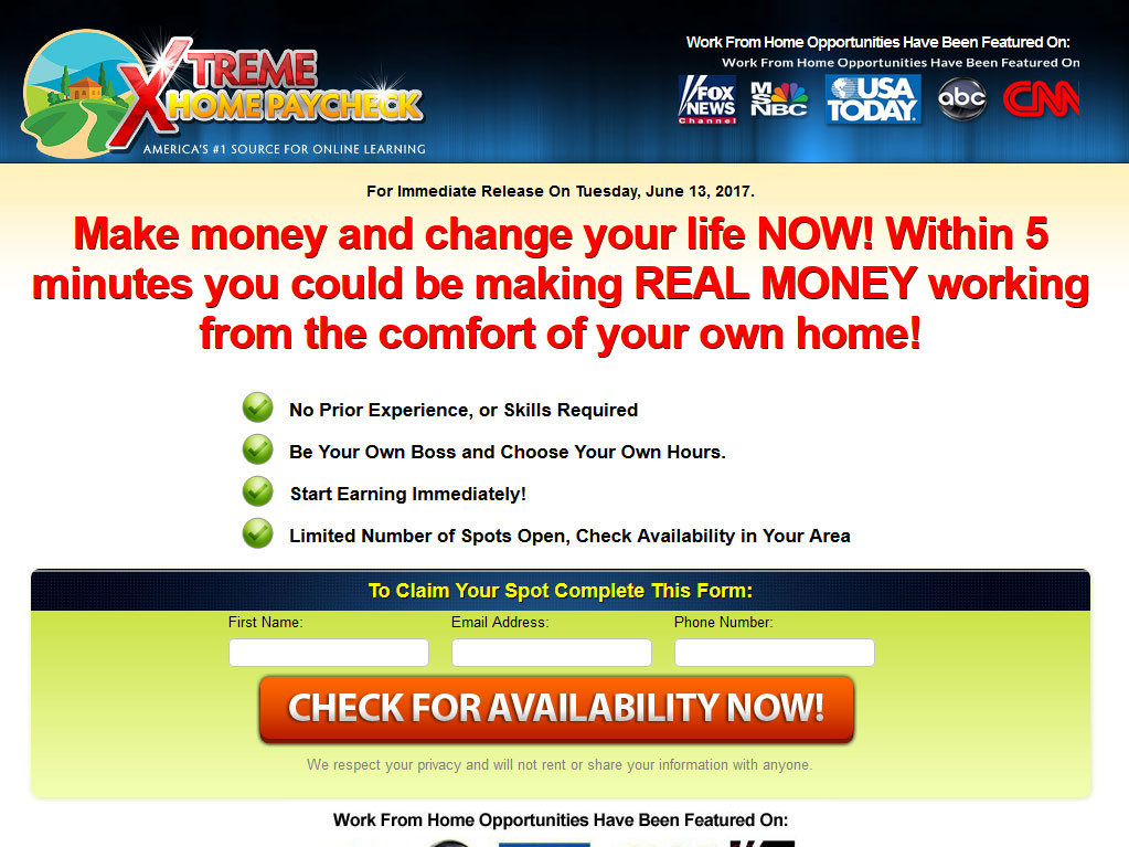 Screenshot of Xtreme Home Paycheck Website