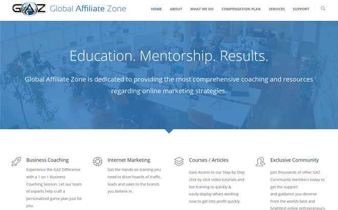 Screenshot of the Global Affiliate Zone homepage