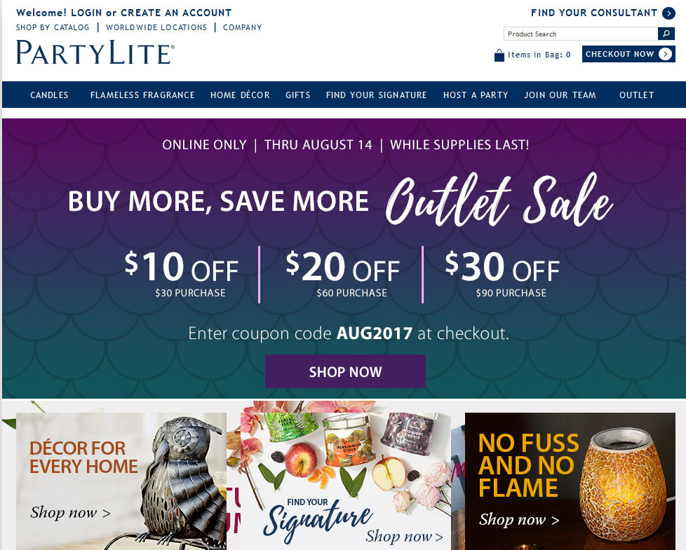 Screenshot of PartyLite Homepage