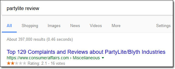 PartyLite Review Google Search Screenshot