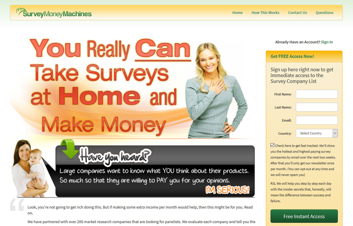Screenshot of the Survey Money Machines Homepage