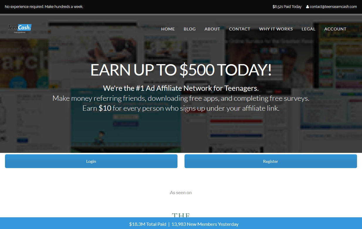 Teens Earn Cash Homepage Screenshot