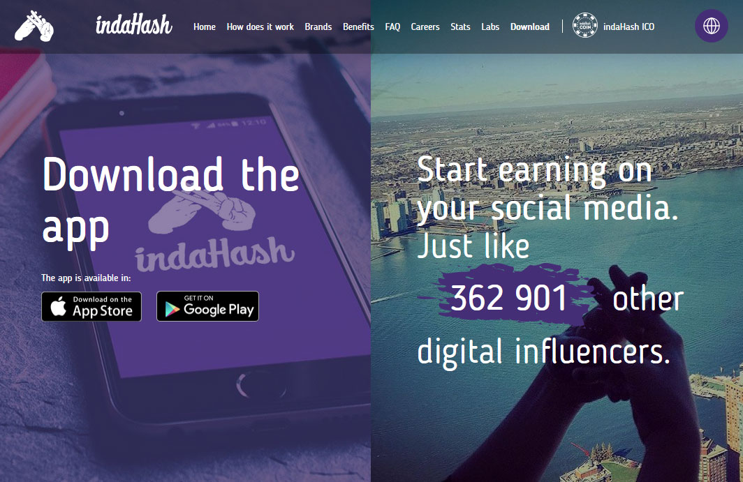 Screenshot of the Indahash website