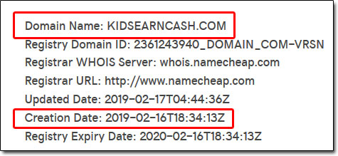 Kids Earn Cash WHOIS Result