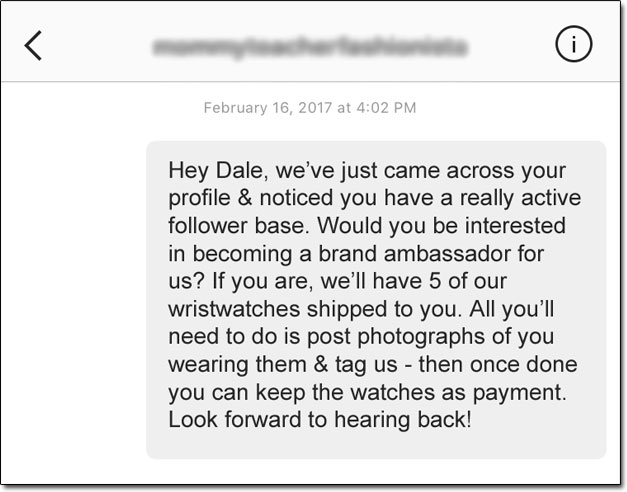 Instagram Wayward Wristwatches Scam Message