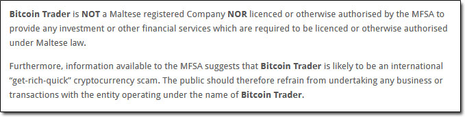 Bitcoin Trader MFSA Warning