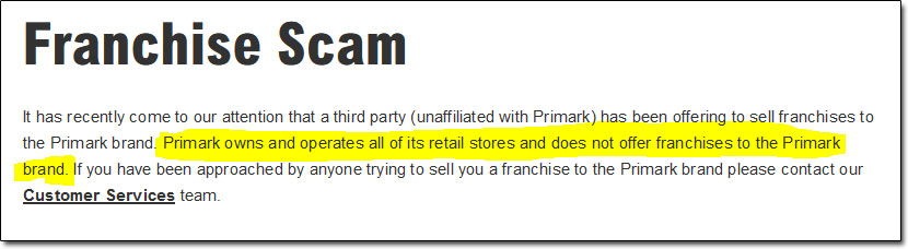 Primark Franchise Scam