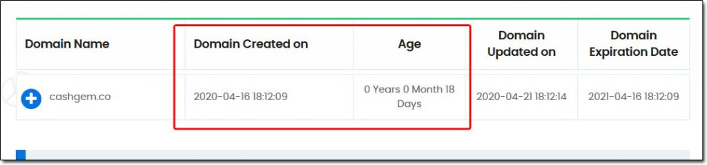 Cash Gem Domain Age